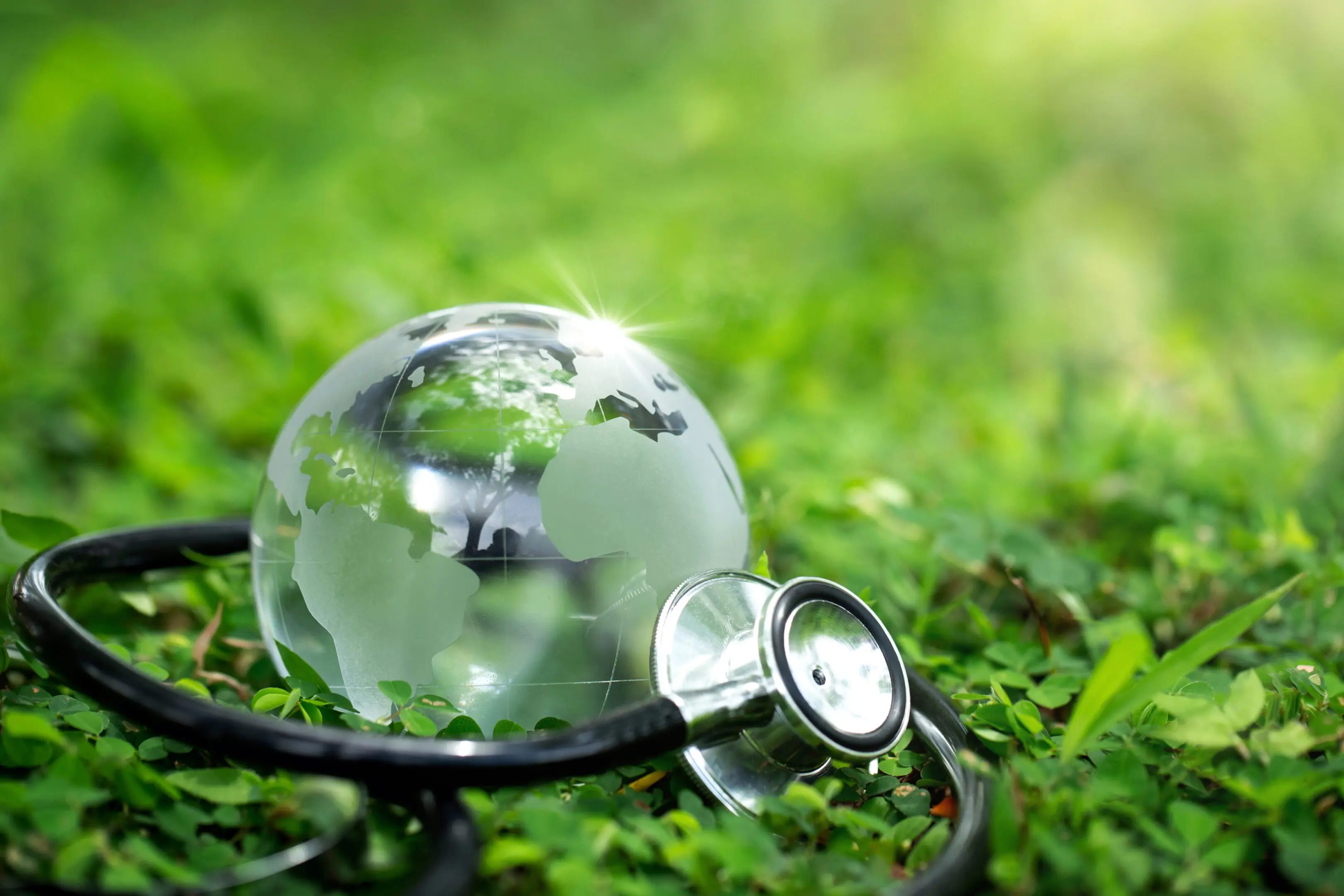A glass globe and stethoscope on green grass.